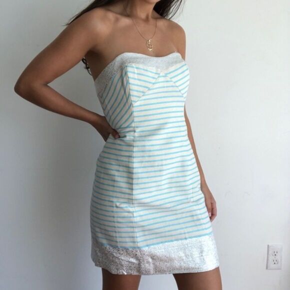 Lilly Pulitzer Remi Strapless Dress Blue Horizon Bay Stripe Silver Band Size 0 - Picture 1 of 10